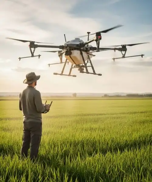 Piloto certificado operando drone agrícola em plantação